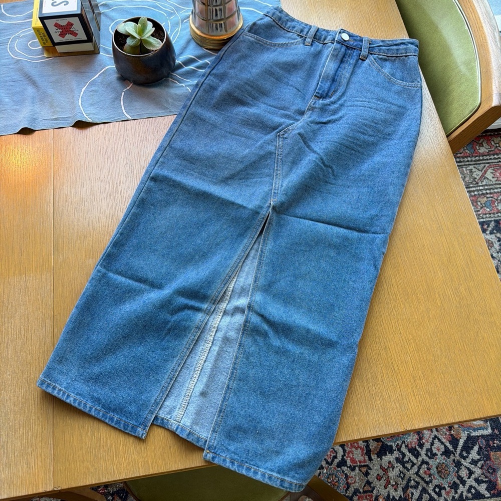 Classic Blue Denim Midi Skirt with Front Slit